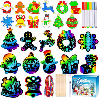 Garma 36Pcs Christmas Crafts Scratch Art for Kids, Rainbow Scratch Paper Christmas Ornaments Crafts Christmas Party Favors Toys Xmas Tree Ornaments Hanging Craft Art Kits