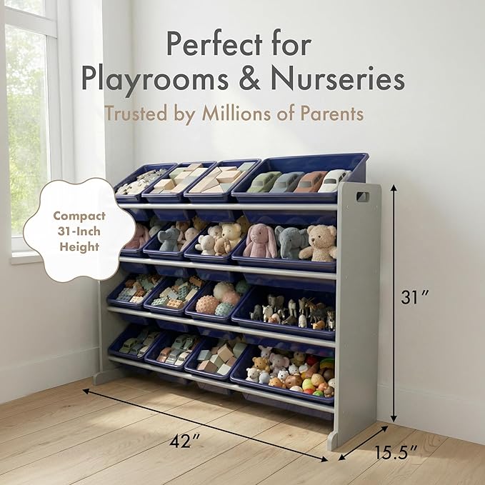 Humble Crew Supersized Toy Storage Organizer with 16 Removable Bins, Grey/Navy – Large Toy Storage for Toddlers Ideal for Kids' Rooms, Playrooms, and Nurseries - Modern Toy Bins for Kids