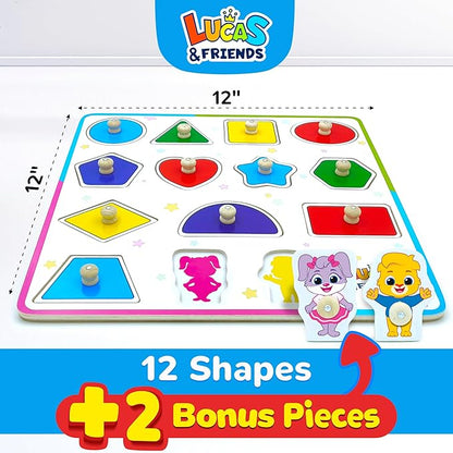 Lucas & Friends Wooden Toys, Peg Puzzle Toddler Toys, Educational Wooden Puzzles for Montessori and Preschool Kids, Shapes Puzzle Board for Ages 3 4 5 6 Years Old Boys and Girls As Gifts