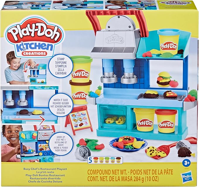 Play-Doh Kitchen Creations Busy Chef's Restaurant Playset, 2-Sided Play Kitchen Set, Preschool Cooking Toys, Kids Arts & Crafts, Ages 3+