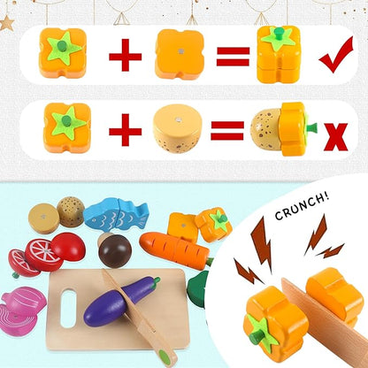 newlng Wooden Play Food Sets for Kids Cutting Vegetables Pretend Play Kitchen Accessory for Toddler Montessori Toys Early Educational Toys with Wooden Box & Knife & Cutting Board