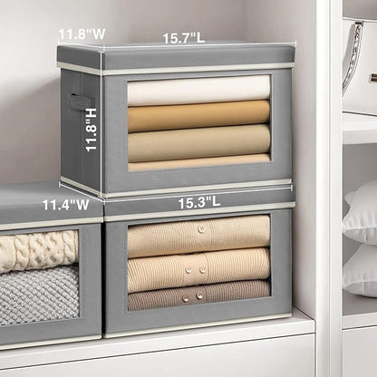 Homsorout Storage Bins with Lids, 4 Pack Large Storage Cubes with Window, Closet Bins with Lids & Handles, Fabric Box for Organizing Clothes, Towels, Books, Grey