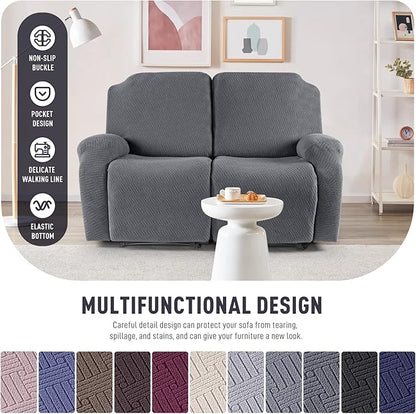 KinCam Recliner Covers, Stretch Reclining Chair Covers, Recliner Sofa Slipcovers Stripe Jacquard Recliner Couch Covers Furniture Protector Covers for Pet Kid (2 Seater, Dark Gray)