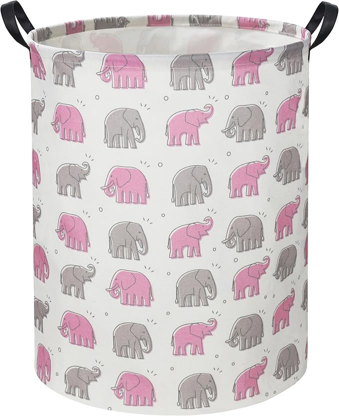 Elephant Baby Laundry Basket Pink Girls Hamper Elephant Toy Storage Bin for Girls Room Decor Baby Nursery Hamper Gift Baskets for Bedroom Bathroom(Line Elephant)