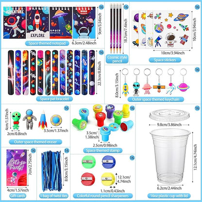 Colarr 161 Pcs Space Party Favor Space School Stationery Set Includes Gift Cup Notebook Pencil Sharpener Eraser Keychain Stamp Slap Bracelet Sticker Card for Space Birthday Supplies