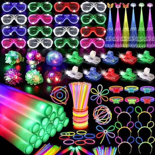 170PCS Glow in the Dark Party Supplies, 16PCS LED Foam Sticks, 16PCS LED Glasses and 100PCS Glow Sticks Necklaces Bracelets Headband, Light Up Party Favors for Kids Adults, Wedding, Concert, Birthday