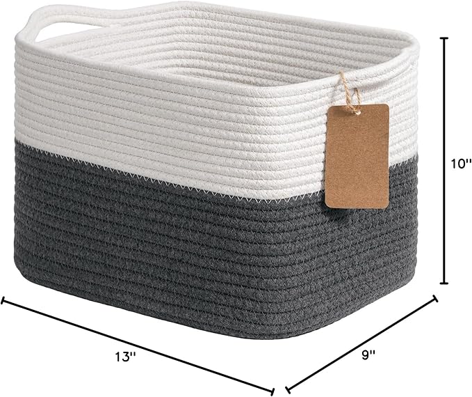 Goodpick Woven Storage Basket for Shelves, Baskets for Organizing, Cotton Rope Baskets with Handles, Rectangle Basket for Baby Toy Storage, 13 x 10 x 9 Inches, White & Dark Gray