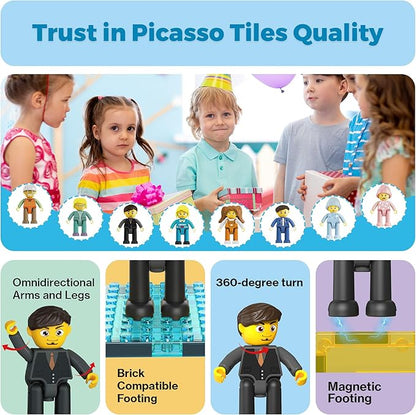 Picasso Toys Magnetic Action Figures 8 Piece Family Character for Construction Building Block Tiles Toddler Toy Set Magnet Expansion Variety Pack Educational STEM Learning Kit Pretend Playset PTA11