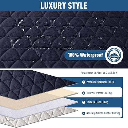 TAOCOCO 100% Waterproof Recliner Sofa Cover-Non Slip Split Couch Covers for Reclining Couches with Elastic Straps,Couch Covers for 3 Cushion Couch Sofa Pet Friendly(Dark Blue, 3 Seater)