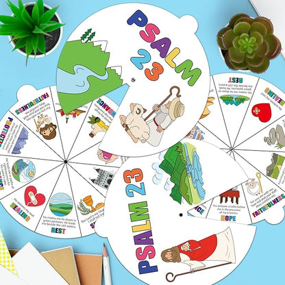 COcnny Psalm 23 Christian Coloring Craft - 24 Sets Color Your Own Religious Bible Wheel Cards for Kids, Baptism Verse Art Coloring Paper Game DIY Jesus Biblical Activities for Sunday School Class Home