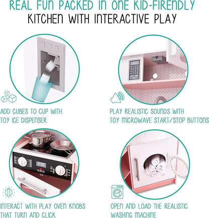 Lil' Jumbl Kids Corner Kitchen Set, Pretend Wooden Deluxe Play Kitchen, Battery Operated Icemaker, Stovetop & Faucet with Realistic Sound - Pink