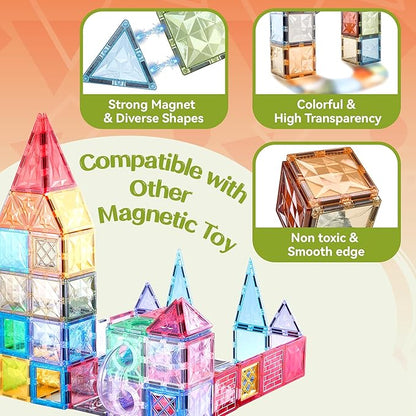 VigorFun Magnetic Tiles Set, Magnet Tiles Building Blocks with Car Animal Models and Stickers, Construction Educational STEM Sensory Toys Gifts for 3 4 5 6 7 8 + Year Old Kids Toddlers Boys Girls