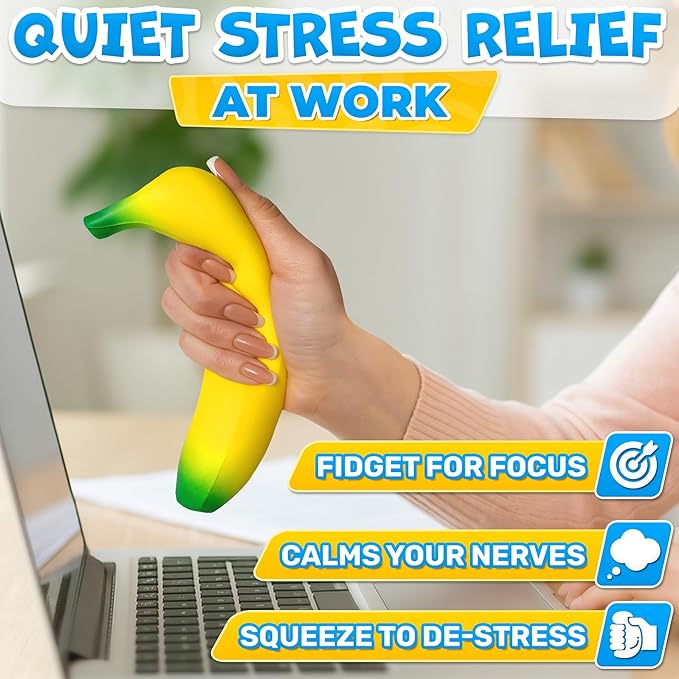 Tesorrio Fake Banana Stress Relief Fidget – 6.7 x 1.4 in Soft PU Foam Desk Accessory | Lightweight Squeeze Fidget for Adults | Novelty Office Decor & Relaxation Tool