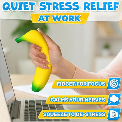 Tesorrio Fake Banana Stress Relief Fidget – 6.7 x 1.4 in Soft PU Foam Desk Accessory | Lightweight Squeeze Fidget for Adults | Novelty Office Decor & Relaxation Tool