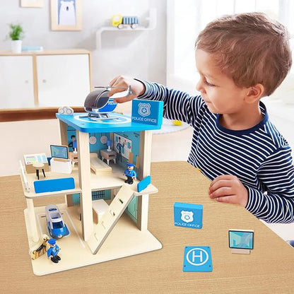 Wooden Police Station Playset Toy, Multicolor 3-Level Pretend Play Dollhouse Set with Figures, Car, Helicopter and Accessories, Preschool Learning Educational Toys for Toddlers Kids Age 3 and up