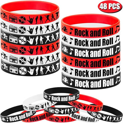 CupaPlay 48PCS Rock and Roll Rubber Bracelets Party Favors -Rock and Roll Theme Party Supplies Decorations -80s 90s Party Music/Musical Birthday Baby Shower Silicone Wristbands Party favors