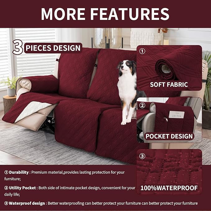 Easehomey Waterproof Recliner Sofa Cover,Non-Slip Reclining Sofa Covers for 3 Seat,Washable Reclining Sofa Cover Furniture Protector with Elastic Straps Pocket for Kids, Pets(Wine Red,3Seat)