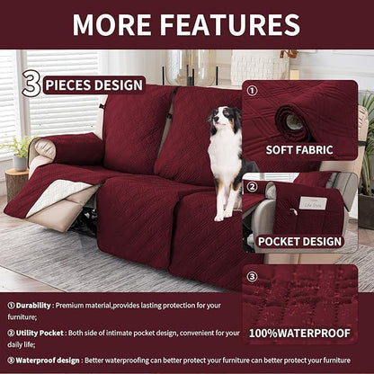 Easehomey Waterproof Recliner Sofa Cover,Non-Slip Reclining Sofa Covers for 3 Seat,Washable Reclining Sofa Cover Furniture Protector with Elastic Straps Pocket for Kids, Pets(Wine Red,3Seat)