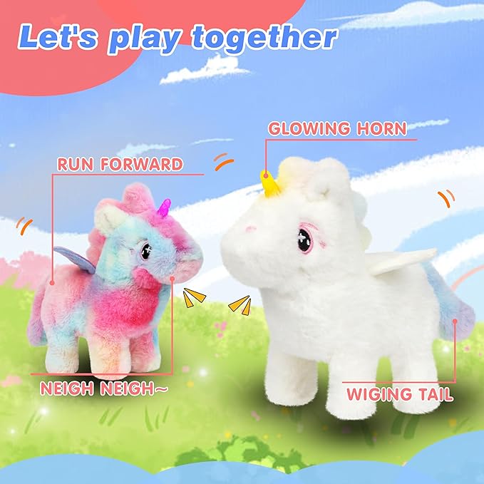 Hopearl Walking Unicorn with Glowing Horn Interactive Electronic Pet Plush Unicorn Toy with Sounds and Movements Animated Gift for Toddlers Birthday, Rainbow, 7''