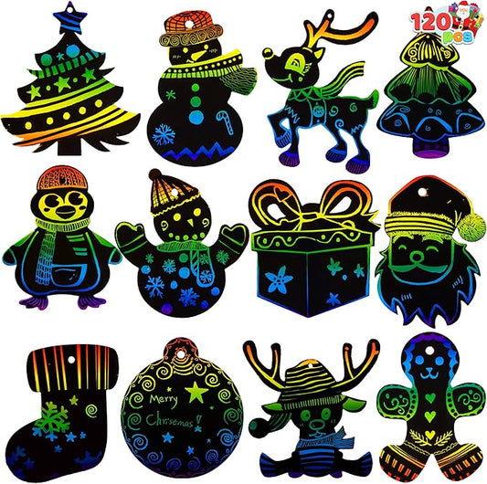 JOYIN 120 Pcs Christmas Scratch Art Ornaments, Rainbow Color Scratch Paper Craft Kit, Christmas Hanging Ornament, Scratch Off DIY Arts & Crafts Kit for Kids, Holiday Crafts Party Favor