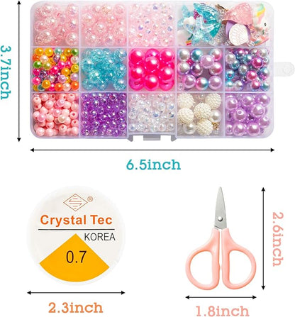 OSNIE Kids DIY Bead Jewelry Making Kit with 400+ Beads & Charms for Creative Bracelets Necklaces Rings, Children Mermaid Starfish Shell Princess Necklace Bracelets Making Art Craft Bead Kit for Girls