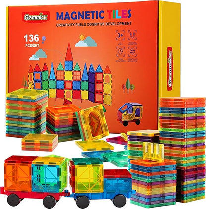 Gemmicc Magnetic Tiles, Deluxe 136 PCS Building Blocks Magnet Toys for Kids,3D Magnet Puzzles Stacking Blocks for Boys Girls,Huge Set with 2 Cars