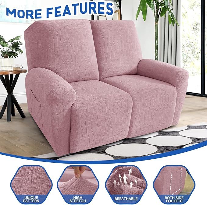 MAXIJIN Waterproof Loveseat Recliner Cover 4 Pieces Reclining Love Seat Slipcvers, Recliner Sofa Cover 2 Seater with Elastic Straps & Pockets for Pet, Kids (Loveseat Recliner, Dusty Pink)