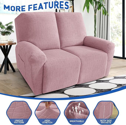 MAXIJIN Waterproof Loveseat Recliner Cover 4 Pieces Reclining Love Seat Slipcvers, Recliner Sofa Cover 2 Seater with Elastic Straps & Pockets for Pet, Kids (Loveseat Recliner, Dusty Pink)