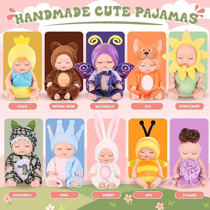 Hanaive 10 Pcs 4 Inch Mini Baby Dolls Lifelike Realistic Tiny Baby Dolls with Animal Clothes Cute Infant Figurine Gifts Set for Toddlers Girls Kids 3+ Easter Graduation Birthday(Cute Style)