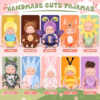 Hanaive 10 Pcs 4 Inch Mini Baby Dolls Lifelike Realistic Tiny Baby Dolls with Animal Clothes Cute Infant Figurine Gifts Set for Toddlers Girls Kids 3+ Easter Graduation Birthday(Cute Style)