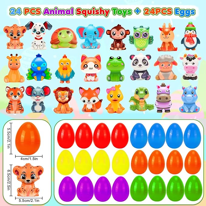 Easter Basket Stuffers,24 Pack Filled Easter Eggs with Animal Squishy Toys for Kids, Novelty Squeeze Toys, Cute Animal Stress Toys for Boys & Girls, Egg Hunt, Classroom Prizes & Party Favors
