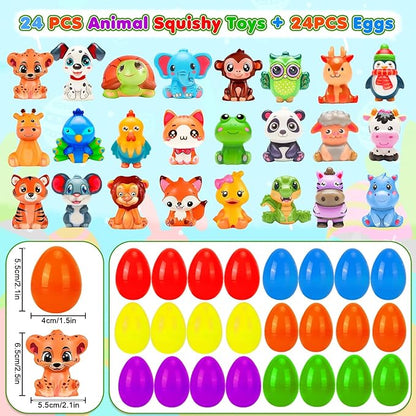 Easter Basket Stuffers,24 Pack Filled Easter Eggs with Animal Squishy Toys for Kids, Novelty Squeeze Toys, Cute Animal Stress Toys for Boys & Girls, Egg Hunt, Classroom Prizes & Party Favors