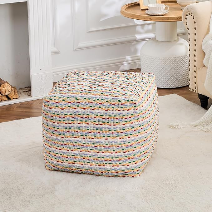 Unstuffed Pouf Ottoman Cover Storage Bean Bag Cube Foot Rest Footstool Floor Pillow Farmhouse Cushion for Living Room, Bedroom, Nursery, Kidsroom, Nook
