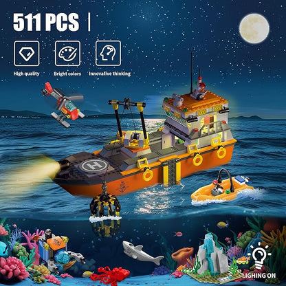 City Ocean Explorer Ship Building Set, Fun Toy Exploration Boat Building Block Kit with LED Lights,Helicopter, Submarine,and Shark Cage, Birthday Gifts for 6 8 10 12 Years Old Boys Girls Kids