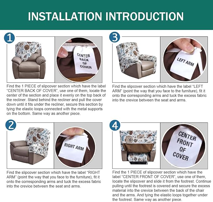 NILUOH Stretch Recliner Cover 4 Pieces Printed Lazy Boy Chair Covers Floral Patterned Recliner Sofa Slipcover Anti-Slip Fitted Furniture Protector with Elastic Bottom, A2