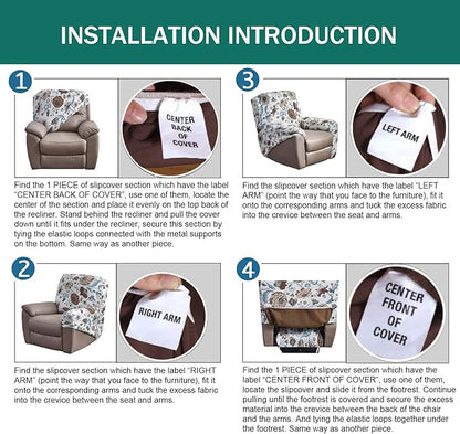 NILUOH Stretch Recliner Cover 4 Pieces Printed Lazy Boy Chair Covers Floral Patterned Recliner Sofa Slipcover Anti-Slip Fitted Furniture Protector with Elastic Bottom, A2