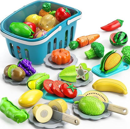 TEMI 70 Pieces Cutting Play Food Toy for Kids Kitchen - Pretend Fruit and Vegetables Accessories Toys for 3 4 5 6 Girls with Storage, Dishes and Knife, Educational Kitchen Toy for Toddlers Age 3-5