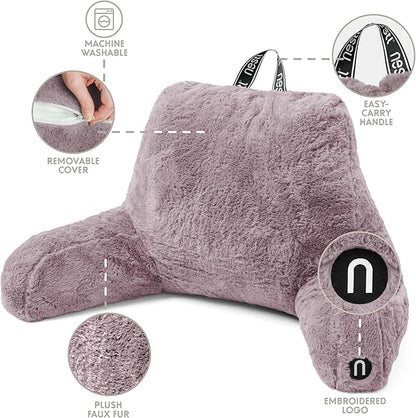 Nestl Fur Reading Pillow, Stylish Back Pillow for Bed Sitting Up, Faux Fur Bed Chair Pillow with Arms, Reading Pillows for Sitting in Bed Adult & Kids, Back Support Pillow for Bed Rest - Dusty Purple