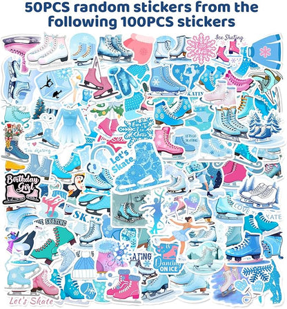110 PCS Ice Skating Skate Party Favors, Winter Ice Skating Skate Stickers Temporary Tattoos Slap Bracelets Keychains Badges Gift Bags Ice Skating Birthday Party Decorations Supplies for Kids
