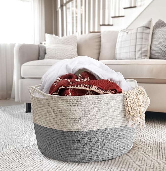 Maliton XXXLarge Blanket Basket Living Room - 22" x 22" x 14" Cotton Rope Baskets for Storage - Large Woven Basket for Toys, Towels, Pillows, Clothes- Rope Laundry Hamper with Handles - Nursery Bin