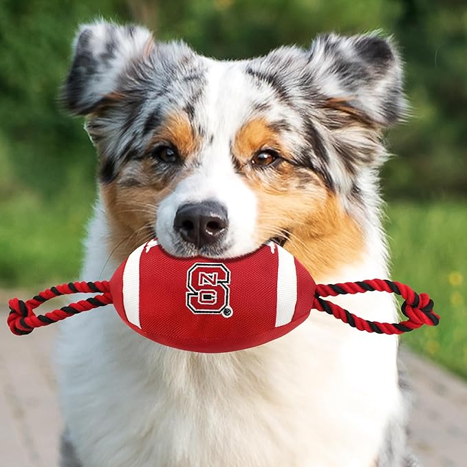 Pets First North Carolina State Football Dog Toy, Tough Quality Nylon Materials, Strong Pull Ropes, Inner Squeaker, Collegiate Team Color