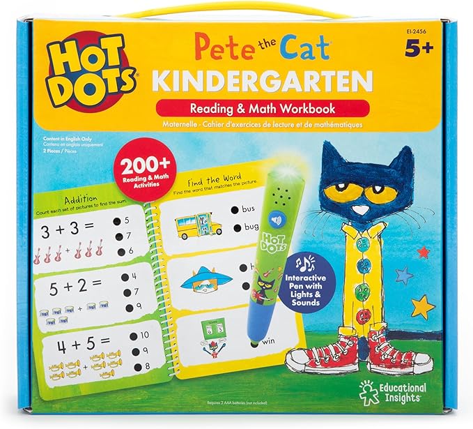 Educational Insights Hot Dots Pete The Cat Kindergarten Reading & Math Workbook, Includes 200 Activites, Reading Games for Kids Ages 5+