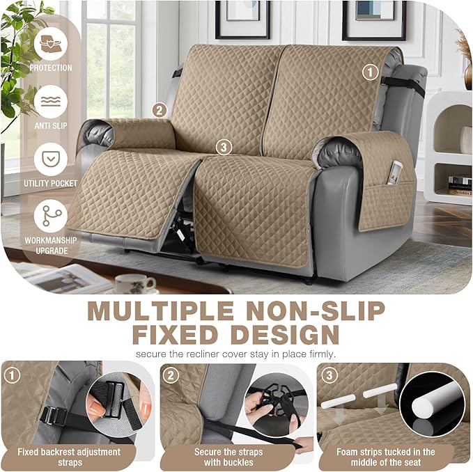 TAOCOCO Loveseat Recliner Cover Non-Slip Sofa Slipcover, Pet Cover for Loveseat Recliner with Elastic Straps, Washable Reclining Loveseat Cover Recliner Furniture Protector (2 Seater, Camel)