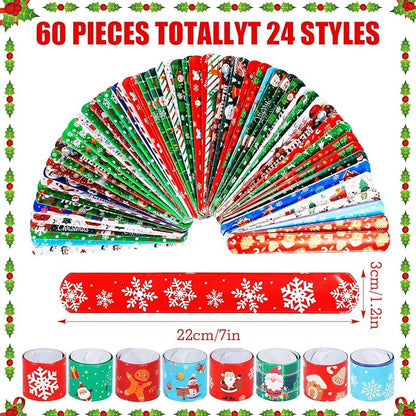 LUYI 60 PCS Christmas Slap Bracelets, Christmas Party Favors Toys for Kids Xmas Slap Wristbands Snap Bracelets Bulk for Christmas Stocking Stuffers Decoration Gifts Bag Filler
