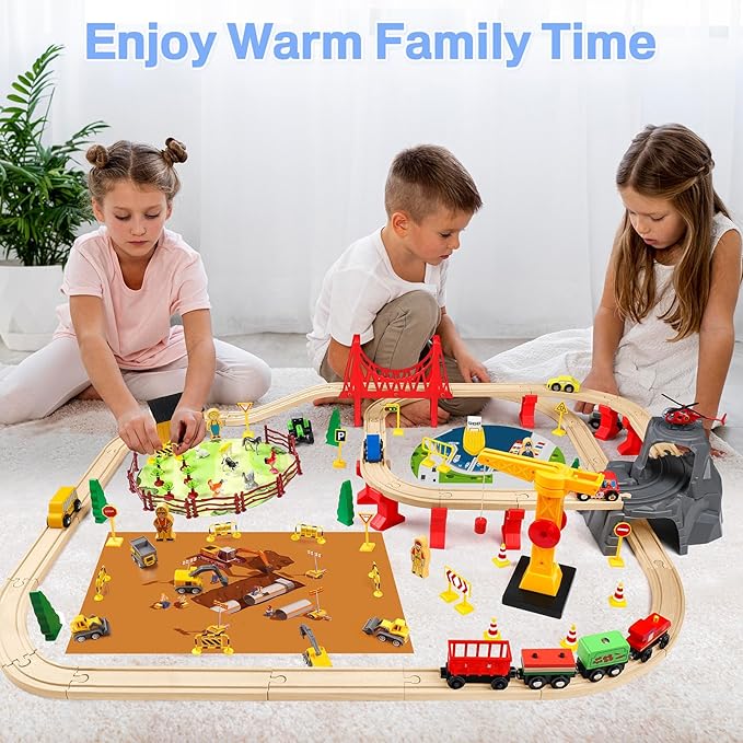 118Pcs Wooden Train Set for Kids & Toddlers, Wood Train Track Set Train Railway Accessories Toy Train Sets for Boys and Girls Gifts Ages 3+ 4 5 6 7 8 - Compatible with All Major Brands