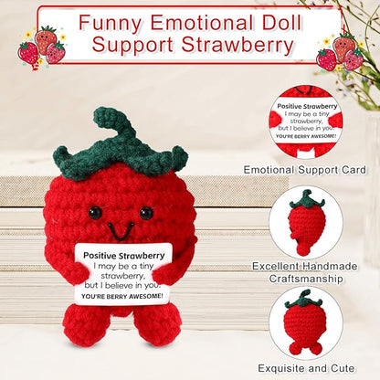 Cute Positive Strawberry, Crochet Strawberry Emotional Doll Support Fruit Knitted for Empowering Gift Home Office Decoration (Red)