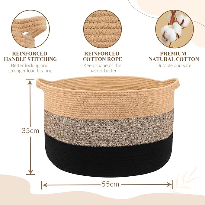Maliton Large Woven Blanket Basket, 22" X 22" X 14" Storage Baskets for Organizing, Round Cotton Rope Toy Basket for Living Room, Bedroom- Rope Laundry Hamper with Handles - Nursery Bin