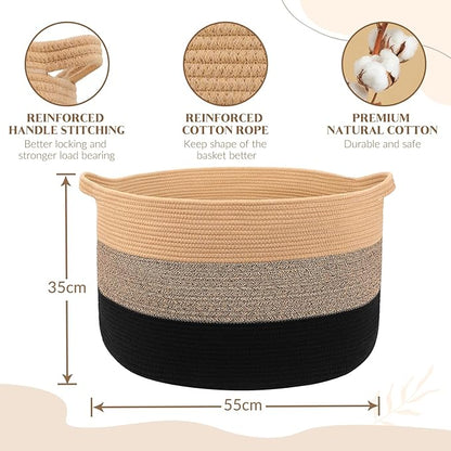 Maliton Large Woven Blanket Basket, 22" X 22" X 14" Storage Baskets for Organizing, Round Cotton Rope Toy Basket for Living Room, Bedroom- Rope Laundry Hamper with Handles - Nursery Bin