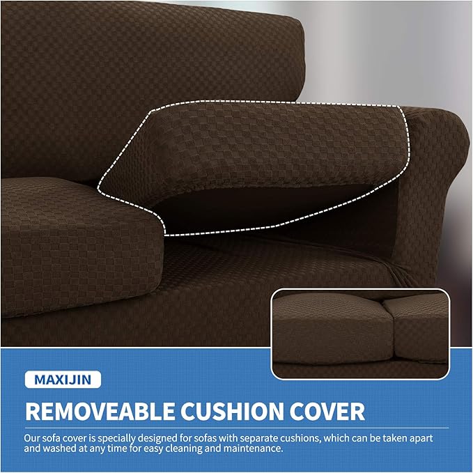 MAXIJIN 3 Piece Stretch Couch Covers for 2 Cushion Couch Sofa Slipcovers with 2 Extra Large Seat Cushion Couch Jacquard Loveseat Sofa Couch Cover for Dogs (2 Cushion Sofa, Dark Coffee)