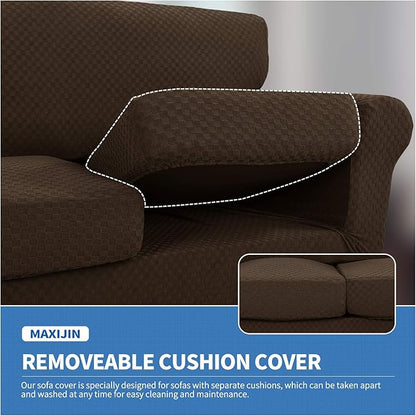 MAXIJIN 3 Piece Stretch Couch Covers for 2 Cushion Couch Sofa Slipcovers with 2 Extra Large Seat Cushion Couch Jacquard Loveseat Sofa Couch Cover for Dogs (2 Cushion Sofa, Dark Coffee)